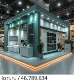 A modern exhibition stand, designed in a minimalist style with eco-design elements. The main color of the stand is a muted green with white inserts, creating a clean and professional look. The design uses solar panels, green plants, hanging decorative elements and stylish LED lighting around the perimeter. Inside there are stands for communication, bar stools, monitors and presentation materials. The space is well lit, creating an atmosphere of technology and innovation. Стоковое AI-изображение, AI-художник Анна Кривицкая / Фотобанк Лори