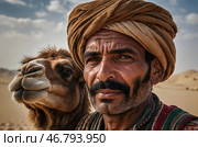 Camel and camel driver in the desert. Portrait. Стоковое AI-изображение, AI-художник Александр Поташев / Фотобанк Лори