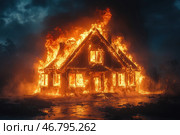 A wooden house engulfed in a massive fire. The flames burn brightly, engulfing the roof, windows and walls of the building, creating a dramatic and frightening effect. Thick black smoke billows into the night sky, reflecting the orange-red hues of the fire. The ground in front of the house is wet, possibly from rain or firefighters. The overall atmosphere of the scene is one of anxiety, destruction and uncontrollable force of the elements. Стоковое AI-изображение, AI-художник Анна Кривицкая / Фотобанк Лори
