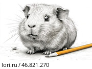Fluffy guinea pig with expressive shiny eyes, thin whiskers and soft fur texture. Next to it lies a pencil, which emphasizes the small size of the animal. The background is minimalist, white, which emphasizes the details of the fur and the expressiveness of the animal. The graphic style gives the image an artistic sophistication, and the animal itself looks cute and inquisitive. Стоковое AI-изображение, AI-художник Анна Кривицкая / Фотобанк Лори