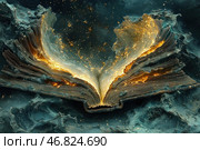 A fantastic illustration of a magical book filled with light and energy. Its pages seem to come alive, turning into a swirl of golden light, reminiscent of fire or cosmic energy. The book lies in a mystical landscape in which elements of antiquity and magic are intertwined. Dark, deeply textured shades of blue and green create a contrast with the warm light emitted by the pages, emphasizing the atmosphere of mystery and magic. Стоковое AI-изображение, AI-художник Анна Кривицкая / Фотобанк Лори