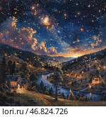 A fabulous night scene in a picturesque valley. The starry sky illuminates cozy village houses scattered among the hills and forests. In the distance, the mountain range is drowning in a soft golden glow, creating a sense of magic. A river meanders through the valley, reflecting the shimmering light of the sky in its waters. The atmosphere of the picture is filled with warmth, tranquility and harmony, and the illuminated house in the foreground gives the scene a cozy and safe feeling. Стоковое AI-изображение, AI-художник Анна Кривицкая / Фотобанк Лори