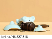 Разбитая копилка с судебным молотком и деньгами на оранжевом фоне. Концепция банкротства. Стоковое фото, фотограф Pixel_shot / Фотобанк Лори