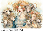 An elegant watercolor composition in the style of a romantic or fantasy illustration. The central figure is a young girl with curly golden hair, dressed in a vintage blue dress with lace details. Her hair is decorated with flowers, and her gaze is calm and thoughtful. Around her are sheep with soft, fluffy curls, some of which are also decorated with flower wreaths. Among the sheep, another figure stands out - a girl with sheepish features, which gives the picture a surreal and mythological shade. The atmosphere of the image is filled with tenderness, harmony and fairytale. Стоковое AI-изображение, AI-художник Анна Кривицкая / Фотобанк Лори
