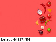 Миска с вкусным соусом сальсы, натюрморт с ингредиентами и натюрморт с чипсами на красном фоне. Стоковое фото, фотограф Pixel_shot / Фотобанк Лори