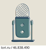 Studio Microphone Desktop for podcasts, streaming. Mick with stand, mount. Equipment for dubbing, voice recording, technology. Doodle style. Drawn isolated. Color outline image. Vector illustration. Стоковая иллюстрация, иллюстратор Алёна Остроухова / Фотобанк Лори