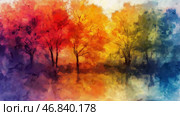 Colorful autumn trees reflect in tranquil water, creating a vibrant landscape of hues and serenity. Стоковое AI-изображение, AI-художник Михаил Коханчиков / Фотобанк Лори