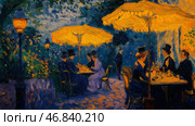 Evening gathering at a charming outdoor cafe illuminated by warm lamplight in a bustling city park. Стоковое AI-изображение, AI-художник Михаил Коханчиков / Фотобанк Лори