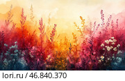Meadow flowers against the backdrop of a warm, shining sky. The composition is made in bright shades - from deep burgundy and crimson to golden yellow and soft orange. The painting creates a feeling of sunset light, enveloping the plants in soft highlights. The lightness of the watercolor technique gives the image airiness and the effect of dissolving flowers in space. The atmosphere of the work resembles a late summer evening, filled with warmth and tranquility. Стоковое AI-изображение, AI-художник Анна Кривицкая / Фотобанк Лори