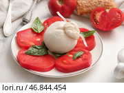 Тарелка с вкусным сыром буррата на белом мраморном фоне. Стоковое фото, фотограф Pixel_shot / Фотобанк Лори
