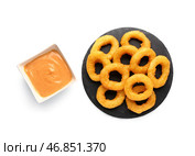 Чёрная доска с жареными луковыми кольцами в панировке и соусом на белом фоне. Стоковое фото, фотограф Pixel_shot / Фотобанк Лори