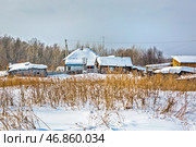 Сельский пейзаж с заснеженными домами. Село Усть - Чём, Искитимский район Новосибирской области. Западная Сибирь России. Стоковое фото, фотограф Евгений Мухортов / Фотобанк Лори