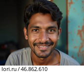 A cheerful young man from India wears a radiant smile as he sits against a vibrant backdrop. The warm light of late afternoon enhances the joyful atmosphere of his expression. Стоковое AI-изображение, AI-художник Юлия Петровская / Фотобанк Лори