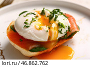 Тарелка с вкусным яйцом Бенедикт, крупным планом. Стоковое фото, фотограф Pixel_shot / Фотобанк Лори