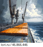 A cargo ship in the open sea with massive loading cranes on board. The long deck is covered with orange containers or cargo hatches, which creates a contrast with the gray-blue color of the ship and the rough sea. Powerful cranes are raised up, which indicates the process of loading or unloading. In the distance, the horizon is visible with a cloudy sky, creating an atmosphere of scale and industrial grandeur. The image itself is made in artistic digital processing, reminiscent of the style of graphic illustration. Стоковое AI-изображение, AI-художник Анна Кривицкая / Фотобанк Лори