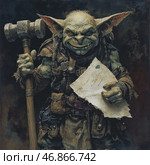 A stern and slyly smiling goblin. His skin has a greenish tint, his ears are long and pointed, and his eyes are piercing and mischievous. He is dressed in tattered leather armor with many belts, pouches, and metal decorations. In one hand he holds a huge war hammer, and in the other - an old, crumpled and, possibly, important parchment that looks like a contract, a map, or an order. His facial expression gives the impression that he either brought important news or is trying to make an unfavorable deal.The atmosphere of the picture is dark, with a touch of dark fantasy. Detailed rendering of the textures of clothes, weapons and skin gives the goblin a realistic and menacing appearance. Стоковое AI-изображение, AI-художник Анна Кривицкая / Фотобанк Лори