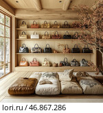 Stylish boutique interior with an exquisite collection of women's bags, neatly arranged on wooden shelves. The space is decorated in a Japanese minimalist style with elements of natural wood and warm beige and brown shades. Downstairs there is a seating area with soft pillows and leather mats, creating a cozy atmosphere. In the corner of the room there is a flowering tree, complementing the aesthetics of natural comfort. Стоковое AI-изображение, AI-художник Анна Кривицкая / Фотобанк Лори