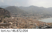 Aerial view of the stony coast, azure sea, and the European city in Italy. Стоковое фото, фотограф David Kashakhi / Фотобанк Лори
