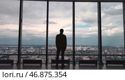 Rear view of man in formal suites who stand in front of panoramic window with city view. Стоковое фото, фотограф David Kashakhi / Фотобанк Лори