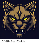 A stylized emblem or logo in the form of the head of a predatory cat, similar to a lynx. The head is made in an aggressive, cartoonish graphic style with sharp features. The animal has bright yellow, glowing eyes, bared fangs and an expression that conveys a threat or aggression. The color scheme consists of shades of brown, black and gold on a dark background, which emphasizes its predatory image. Стоковое AI-изображение, AI-художник Анна Кривицкая / Фотобанк Лори