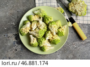 Тарелка с молодой капустой романеско на сером гранж-фоне. Стоковое фото, фотограф Pixel_shot / Фотобанк Лори