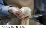 Close up for hands in cooking gloves preparing mozzarella cheese, food concept. Стоковое фото, фотограф David Kashakhi / Фотобанк Лори