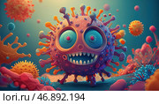 Covid coronavirus character highlighting an intricate, microbial environment. Engaging visual representation of infectious elements, suggesting animated storytelling in a biological theme. FLiRT, XEC. Стоковое AI-изображение, AI-художник Андрей Ка / Фотобанк Лори