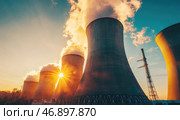 Cooling towers release steam during sunset in an industrial area. Стоковое AI-изображение, AI-художник Александр Довянский / Фотобанк Лори