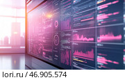 Big screen showing futuristic user interface with charts and code in modern office. Стоковое AI-изображение, AI-художник Юрий Поздников / Фотобанк Лори