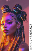 Fashion model posing with intricate braided hairstyle and sparkling hair rings. Стоковое AI-видео, аниматор Юрий Поздников / Фотобанк Лори
