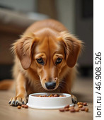 A golden dog is focused intently on its bowl, eagerly munching on crunchy dry food. The warm indoor atmosphere creates a serene backdrop for this delightful dining moment AI. Стоковое AI-изображение, AI-художник Юлия Петровская / Фотобанк Лори