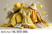 Yellow fashion display featuring coordinated outfits, hats, and accessories against a sparkling backdrop. Стоковое AI-изображение, AI-художник Сергей Толмачёв / Фотобанк Лори