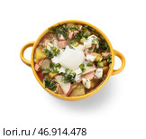Миска вкусной окрошки со сметаной, изолированная на белом фоне. Стоковое фото, фотограф Pixel_shot / Фотобанк Лори