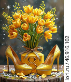 Flowers and gifts for birthday. Festive card. Стоковое AI-изображение, AI-художник Сергей Елизарьев / Фотобанк Лори