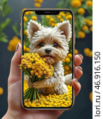 A funny shaggy puppy gives a bouquet of yellow mimosas, holding them out from the screen of a smartphone. Mimosa Day is an annual holiday celebrated on March 14 in different countries around the world. Стоковое фото, фотограф Сергей Елизарьев / Фотобанк Лори
