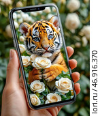 A funny striped tiger cub gives a bouquet of bright roses, holding them out from a smartphone screen on a birthday. Стоковое AI-изображение, AI-художник Сергей Елизарьев / Фотобанк Лори