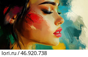 Stunning portrait of a woman with vibrant colors and expressive brushstrokes. Стоковое AI-изображение, AI-художник Михаил Коханчиков / Фотобанк Лори
