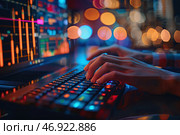 A woman's hand works on a laptop surrounded by dynamic financial charts. Financial management using modern technologies. Presentations and promotional materials related to financial services. Banner. Стоковое AI-изображение, AI-художник Евгений Демидюк / Фотобанк Лори