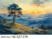 A picturesque watercolor landscape depicting a mountain valley at sunset. In the foreground is a lone tree with spreading branches, standing in a flowering meadow. The warm rays of the setting sun softly illuminate the grass, giving it a golden hue. In the distance, layers of mountains are visible, disappearing into the haze, creating a sense of depth and infinity of space. The color scheme includes soft blue and lilac tones for the mountains, as well as warm yellow and orange shades for the sky. The painting conveys a sense of peace and harmony with nature. Стоковое AI-изображение, AI-художник Анна Кривицкая / Фотобанк Лори