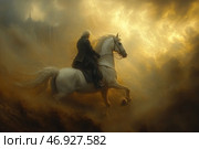 A dramatic and epic scene depicting a rider on a white horse, racing through a golden sandstorm. The rider's figure is shrouded in shadow, but his long blond hair flutters in the wind. The horse, powerful and graceful, moves forward with determination, its mane also fluttering in the swirl of dust. Light emanates from the clouds, giving the painting a majestic effect, as if fate itself is leading this character forward. In the distance, the outline of a castle or fortress is barely visible, hidden in the fog and dust, which enhances the atmosphere of mystery and fateful event. Стоковое AI-изображение, AI-художник Анна Кривицкая / Фотобанк Лори