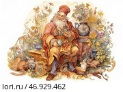 An elderly good-natured old man with a long white beard, sitting on a wooden bench. He is dressed in traditional clothes with rich ornamentation and a warm headdress. In his hands he holds a cup, enjoying the moment of tea drinking. Flowers, herbs and nature are spread around him, creating an atmosphere of comfort and harmony. Next to him are forest animals - squirrels, hares, who seem to feel his kind presence. The illustration is made in soft pastel colors, giving it a magical and fabulous shade. Стоковое AI-изображение, AI-художник Анна Кривицкая / Фотобанк Лори