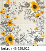 An elegant floral pattern in a soft color scheme with a combination of gray and yellow tones. The composition includes detailed leaves and flowers arranged symmetrically along the edges, creating a sense of balance and harmony. Bright yellow flowers stand out against the delicate gray leaves, giving the image a stylish and modern look. This ornament can be used in textiles, wallpaper or decorative interior elements. Стоковое AI-изображение, AI-художник Анна Кривицкая / Фотобанк Лори