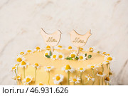Вкусный свадебный торт с деревянными птицами и текстом MR. МИССИС. на светлом фоне крупным планом. Стоковое фото, фотограф Pixel_shot / Фотобанк Лори