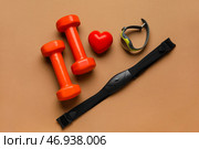 Фитнес-трекер, нагрудный ремень, гантели и красное сердце на цветном фоне. Стоковое фото, фотограф Pixel_shot / Фотобанк Лори