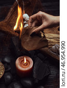 Злая ведьма проводит ритуал за столом. Стоковое фото, фотограф Pixel_shot / Фотобанк Лори