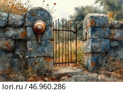 Old stone gates leading to a blooming meadow. The stonework is covered with moss and rust, creating an atmosphere of abandonment and time. The wrought iron gate is slightly open, inviting you to come inside. An unusual element is attached to one of the stones - a large snail, whose shell seems to turn into a key. The painting is done in a watercolor style with soft, smooth color transitions, which gives it a fabulous and mystical atmosphere. Стоковое AI-изображение, AI-художник Анна Кривицкая / Фотобанк Лори