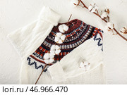 Теплый свитер со стильным рисунком и хлопковыми цветами на светлом фоне. Стоковое фото, фотограф Pixel_shot / Фотобанк Лори