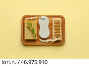 Деревянная доска с куском мыла, пемзой и массажной щеткой на цветном фоне. Стоковое фото, фотограф Pixel_shot / Фотобанк Лори