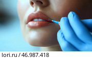Cosmetic procedure enhances lip volume in aesthetic treatment session. Косметическая процедура увеличивает объем губ в ходе сеанса эстетической терапии. Стоковое AI-изображение, AI-художник Katsiaryna Repich / Фотобанк Лори