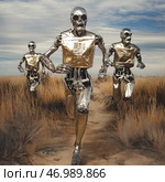 Three silver robots running along a dusty path among dry bushes. Their metal bodies reflect the sunlight, creating a futuristic and somewhat disturbing image. The background is a sky with clouds and a desert landscape, emphasizing the isolation and mystery of the scene. The robots look like they are from a cyberpunk or post-apocalyptic reality, perhaps hunters or scouts looking for a target. Стоковое AI-изображение, AI-художник Анна Кривицкая / Фотобанк Лори